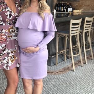 PinkBlush Maternity Lavender Ruffle Trim Off Shoulder Ruched
Maternity Dress